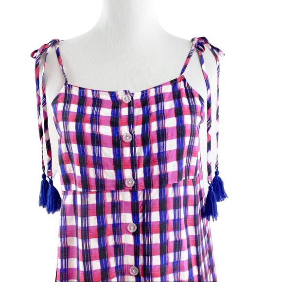 Anthropologie Halter Shoulder Tie Midi Dress Coverup Blue Pink Plaid Small - Picture 5 of 12